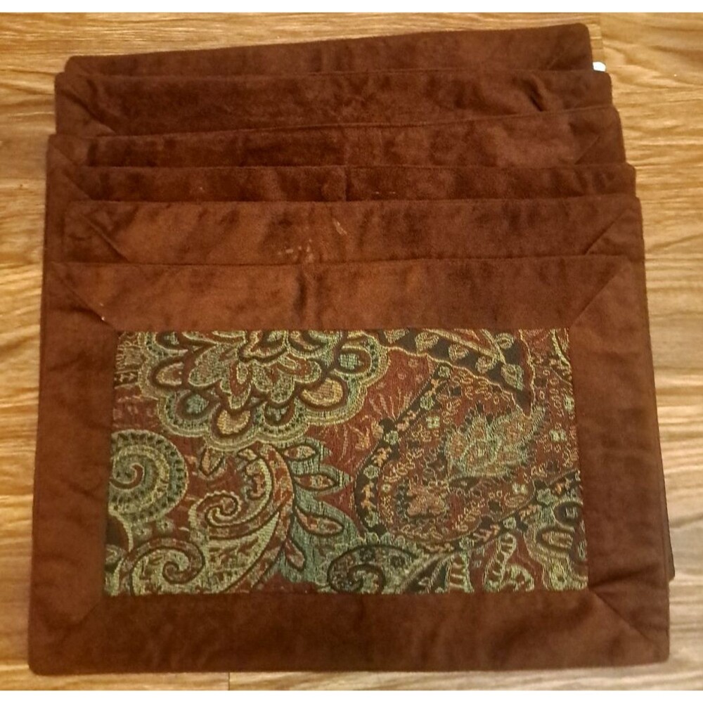 Tapestry Placemats W Microfiber Edges 12x18.5 Brown Paisley Baroque Set of 6